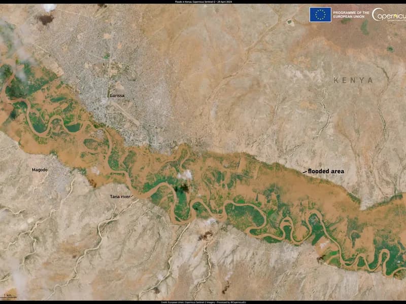 Satellite view of flooded Tana River area near Garissa, Kenya, showing brown floodwaters